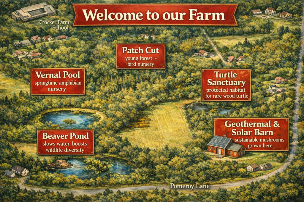 Illustrated map of Amherst Farm & Forest showing vernal pool, beaver pond, turtle sanctuary, solar mushroom barn, and surrounding landscape along Pomeroy Lane.